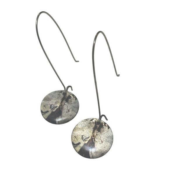 Silver-Plated Long Circle Drop Earrings With Round Textured Design - Picture 1 of 6